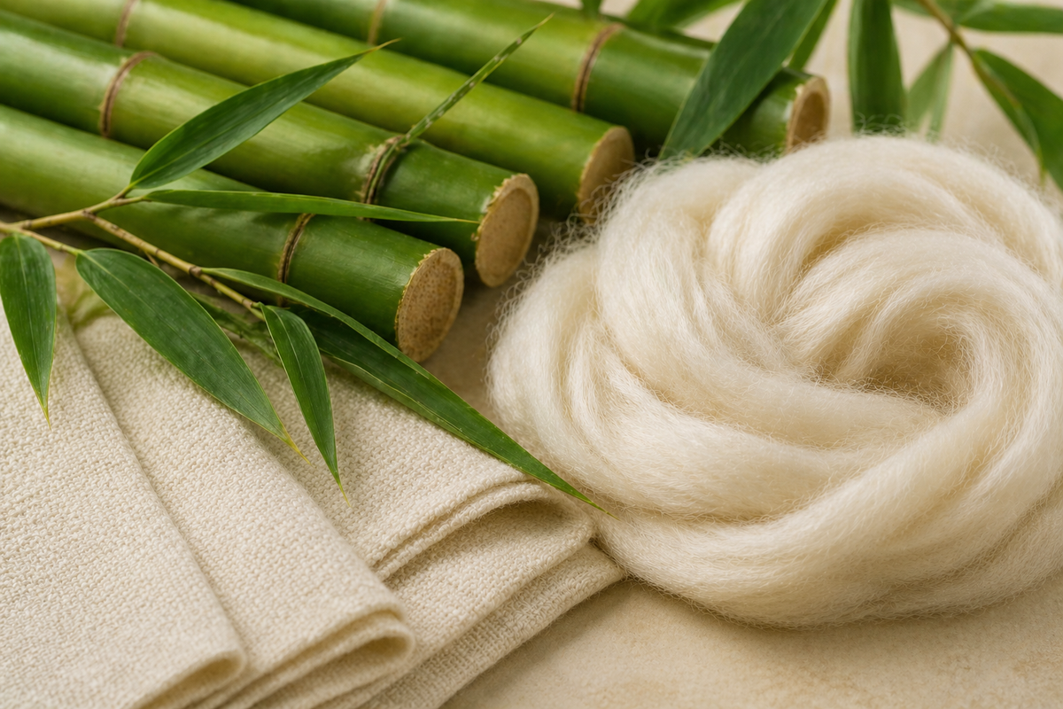 Green bamboo sticks with leaves and a ball of white yarn on a beige fabric background