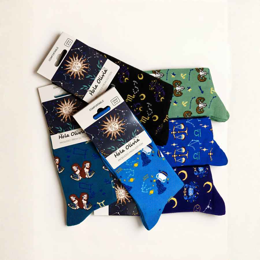 Set 6 perechi - Șosete cu cele 6 semne zodiacale - (80% bumbac, 15% spandex, 5% elastan)