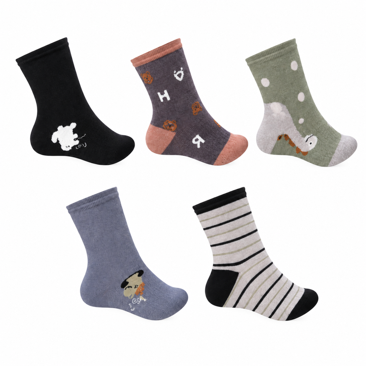 Set 10 perechi - Șosete scurte din alpaca și cașmir pentru copii cu cățeluși și dinozauri